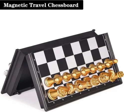 Vista 3 de Mini juego de ajedrez de 5 pulgadas, juego de mesa de viaje con tablero de ajedrez plegable magnético, portátil y para almacenar piezas de ajedrez