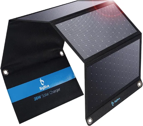 BigBlue Cargador de panel solar de 28W con USB-C dual y USB-A, cargador solar portátil para teléfono para acampar, hacer senderismo, hacer mochila,