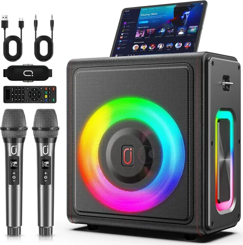 Máquina de karaoke, altavoz portátil Bluetooth 5.3 con 2 micrófonos inalámbricos para adultos, sistema PA con corrección de tono y ajuste de eco