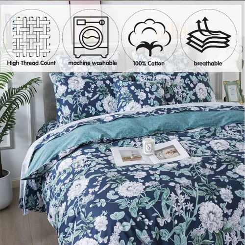 Vista 2 de FADFAY Juego de funda de edredón floral, tamaño completo, 100 % algodón, diseño de rosas y flores, funda de edredón azul, ropa de cama vintage