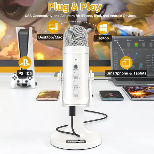 Vista 10 de ZealSound Micrófono USB, Silenciamiento Rápido Cancelación de Ruido para Teléfono Computadora PC PS5, Micrófono Gaming con Control de Ganancia