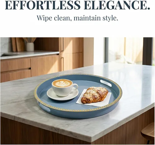 Vista 4 de Bandeja decorativa azul para mesa de café, bandeja de servir redonda de plástico con cuentas para encimera de cocina, otomana, sala de estar, (13")