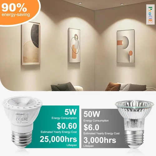 Vista 5 de DiCUNO ProOE PAR16 - Bombilla LED de 5 W, equivalente a halógeno de 50 W, blanco cálido de 3000 K, alto CRI 98, 100-240 V, base E26, 400 lúmenes