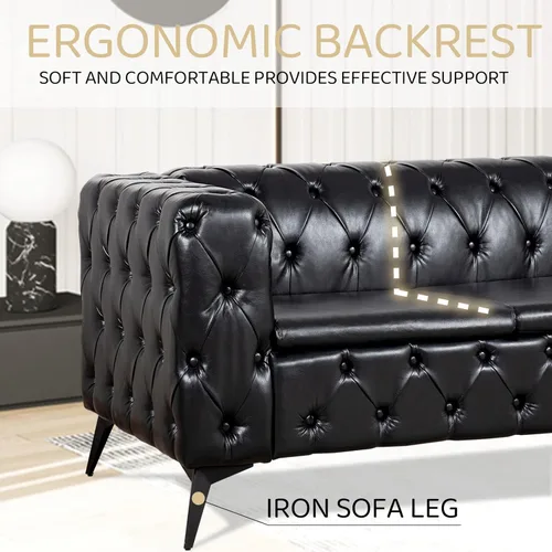 Vista 6 de Sofás negros para sala de estar, moderno sofá Chesterfield copetudo, asiento profundo, cómodo sofá de piel sintética, brazos enrollados plisados