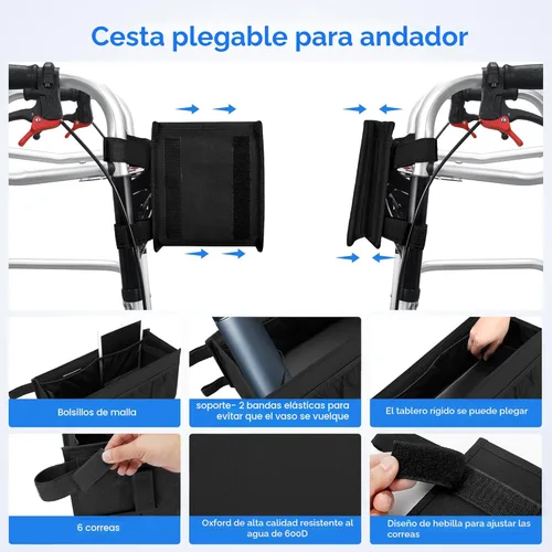 Vista 5 de Dotday Cesta de Andador Mejorada con Portavasos, Bolsa de Andador Plegable con Gran Capacidad y Nunca se Vuelca - No Apta para Rollator