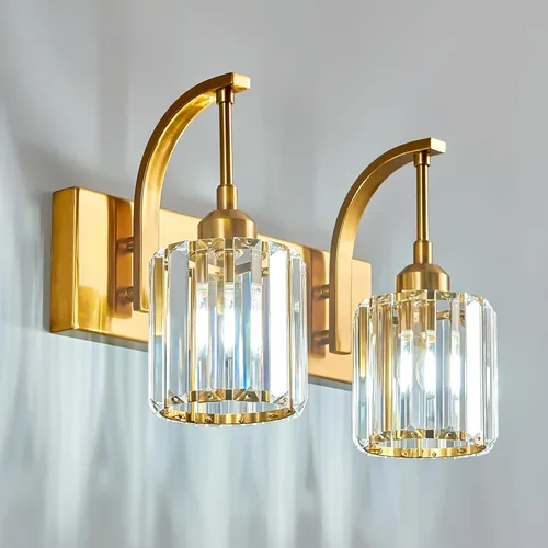 Vista 58 de Lámpara de tocador de cristal de 4 luces, aplique de pared de baño cromado moderno con pantallas de cristal K9, 32.67" de largo, iluminación sobre