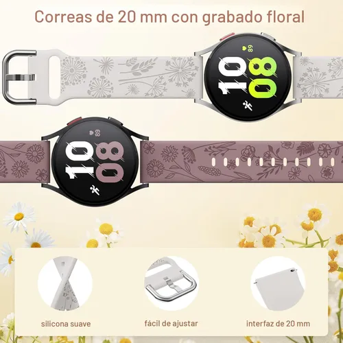 Vista 2 de Flower Engraved Bands Compatible with Samsung Galaxy Watch 7/ FE/ 6/5/ 4/ Active 2 40mm 44mm/ 5 Pro 45mm/ Watch 6/4 Classic 43mm 47mm 42mm 46mm, 3