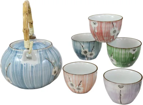Vista 4 de Ebros Gift Juego de tetera y tazas de cerámica con diseño japonés Four Seasons Collection Spring White Cherry Blossom para 5 invitados, excelente