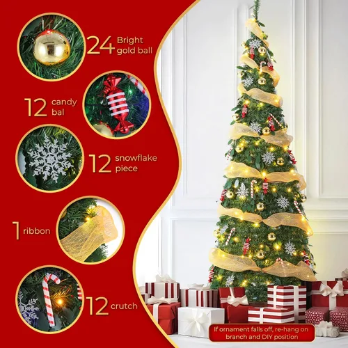 Vista 6 de TLSUNNY Árbol de Navidad desplegable de 1.8 m con luces, árbol de Navidad plegable con control remoto, totalmente decorado con luces preinstaladas