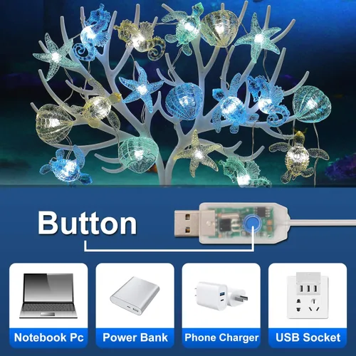 Vista 3 de Guirnalda de luces con temática oceánica, decoración náutica para interiores, funciona con USB o baterías, 10 pies, 30 luces LED de caballito