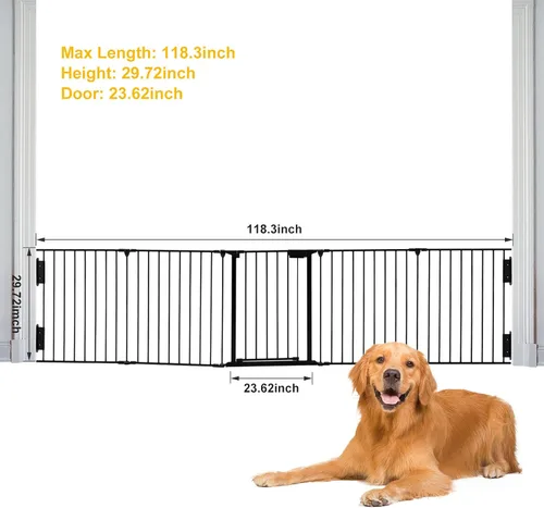 Vista 4 de SOSPIRO Puerta negra extra ancha para bebés de 118 pulgadas con puerta, valla larga de metal, puertas altas para perros para mascotas, escaleras