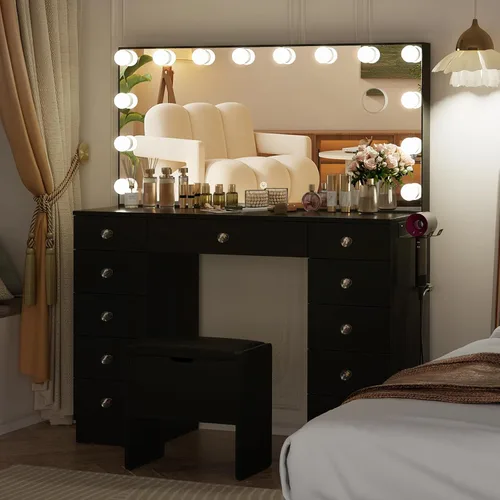 Vista 5 de VOWNER Tocador con espejo iluminado - Escritorio de maquillaje con luces y 11 cajones, 3 modos de iluminación de color con brillo ajustable