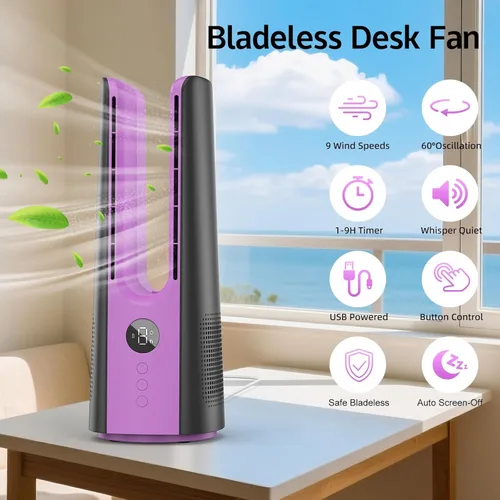 Vista 2 de KONSIDEN Desk Fan, 13 Inch Portable Bladeless Fan, Small Quiet Table Fan with 60°Oscillating, 9 Speeds & 9H Timer, LED Display, Button Control, Easy