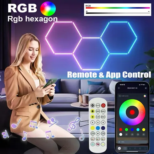 Vista 2 de Paquete de 25 luces LED hexagonales RGB para garaje, luz RGB 5hexagonal con multicolor, luces de pared hexagonales RGB regulables y ajustables