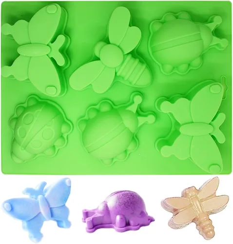 Vista 3 de SENHAI - 2 bandejas de silicona con forma de insecto, 6 cavidades 3D con forma de libélula mariposa mariquita moldes para hornear pasteles, jabón