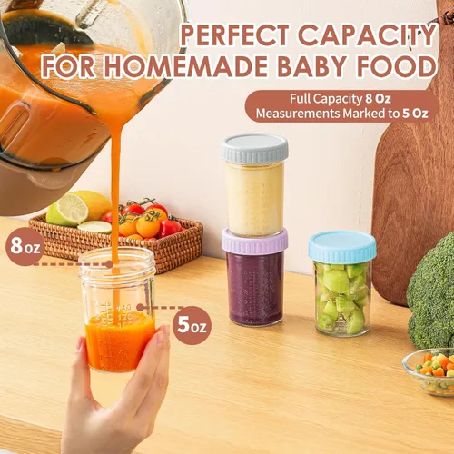 Vista 3 de DRKIO Paquete de 6 recipientes de vidrio para almacenamiento de alimentos para bebés - tarros de comida para bebés de 8 Oz con tapas