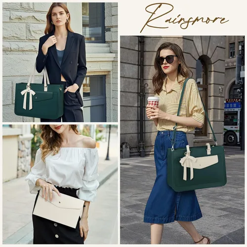 Vista 6 de RAINSMORE Bolsa para laptop para mujer, bolsa de trabajo de 15.6 pulgadas, bolsa de cuero para laptop, bolsa impermeable para computadora verde