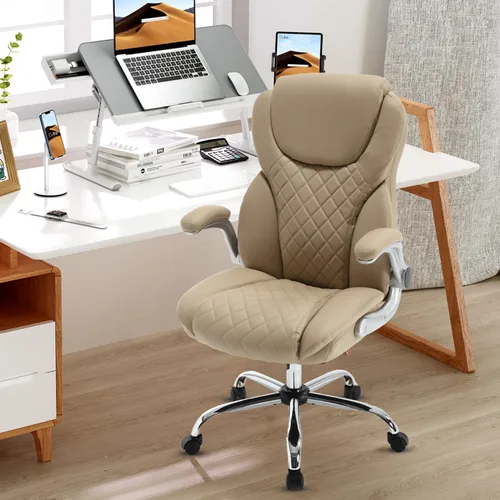 Vista 8 de Silla de oficina ejecutiva de cuero, sillas de escritorio ergonómicas de oficina con respaldo alto con ruedas, silla de gestión mecedora de 90-120°