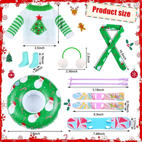 Vista 2 de Hungdao Juego de 9 accesorios para muñecas de Navidad, incluye orejeras, bufanda suave, suéter acogedor, tubo inflable para nieve, accesorio de ropa