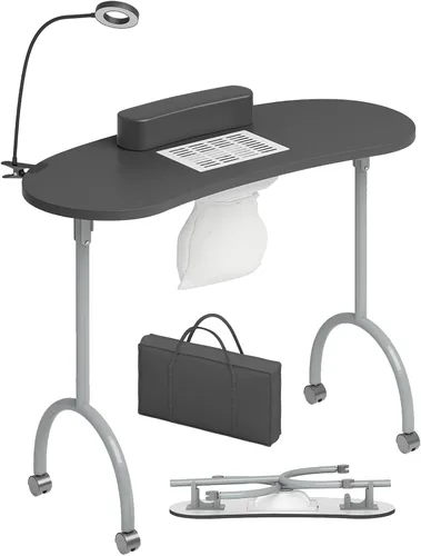 TABU Mesa de manicura portátil para uñas, mesa de manicura plegable con ventilador colector de polvo, lámpara LED, 4 ruedas bloqueables y bolsa de