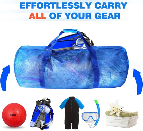 Vista 4 de Bolsa deportiva de malla grande de alta resistencia, color azul, bolsa seca, equipo de buceo, bolsa de buceo con cremallera. Ideal