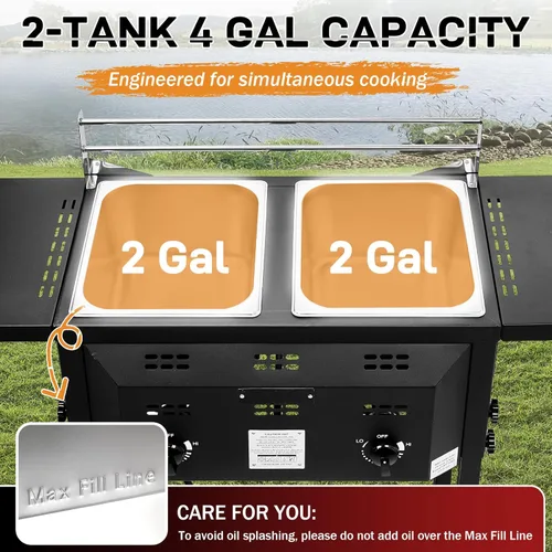 Vista 8 de Outvita Freidora de propano para exteriores, freidora comercial de doble quemador, olla de 16 cuartos de galón con cestas extraíbles, tapas
