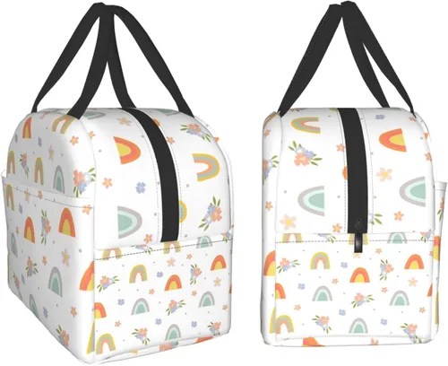 Vista 4 de Ucsaxue Linda lonchera bohemia con diseño de arco iris y flores, pequeña lonchera aislada con bolsillo frontal, bolsas de almuerzo Kawaii para niñas