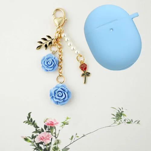 Vista 6 de Funda para Google Pixel Buds Pro con llavero, bonita funda de silicona para Pixel Buds Pro, funda de carga protectora con mosquetón de flores, Azul