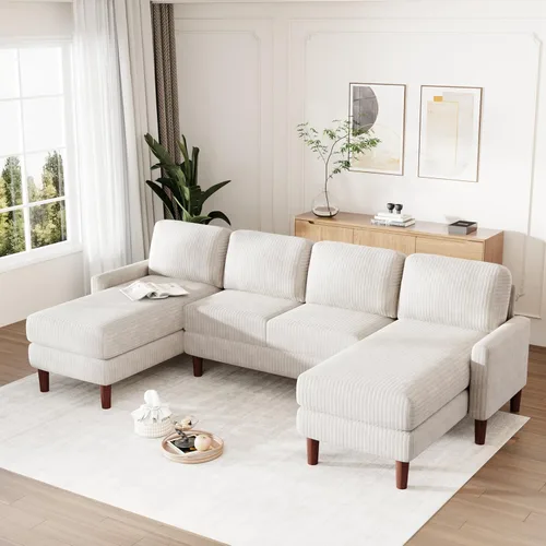 Vista 143 de Sofá modular de felpilla con tapicería en forma de L, sofá modular de 4 asientos con otomana extraíble y 5 almohadas para sala de estar, apartamento