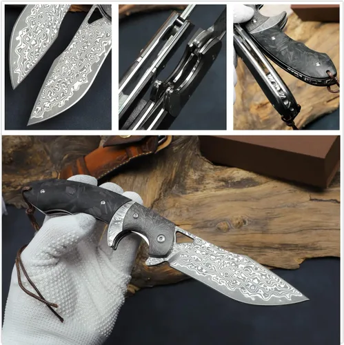 Vista 4 de Cuchillo plegable de acero de Damasco hecho a mano con estuche de cuero, hoja de núcleo de acero VG10 de 3.8 pulgadas, rodamientos de bolas de acero