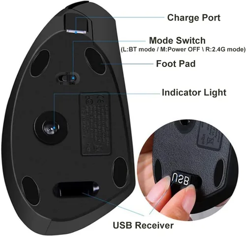 Vista 7 de Mouse vertical, mouse vertical ergonómico inalámbrico de 2.4 GHz con 4 DPI ajustables 800120016002400, 6 botones, compatible con PC, escritorio, Mac