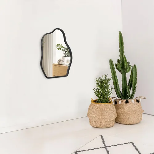 Vista 4 de Espejo de pared asimétrico con marco de madera, espejo colgante moderno irregular para pared para tocador, sala de estar, dormitorio, baño, entrada