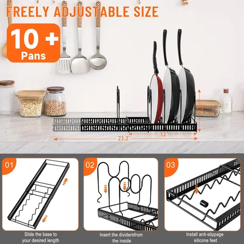 Vista 6 de AHNR Expandable Pot and Pan Organizers Rack, 10+ Pans and Pots Lid Organizer Rack Holder, Kitchen Cabinet Pantry Bakeware Organizer Rack Holder with