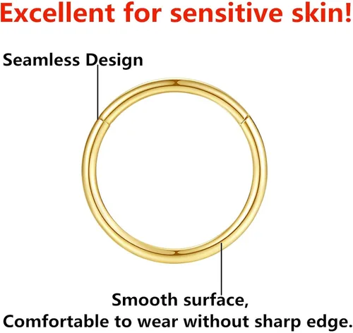 Vista 3 de Aretes de aro de acero quirúrgico 316L para nariz aro de septum clicker con bisagras anillo de labio pendiente de perforación para cartílago