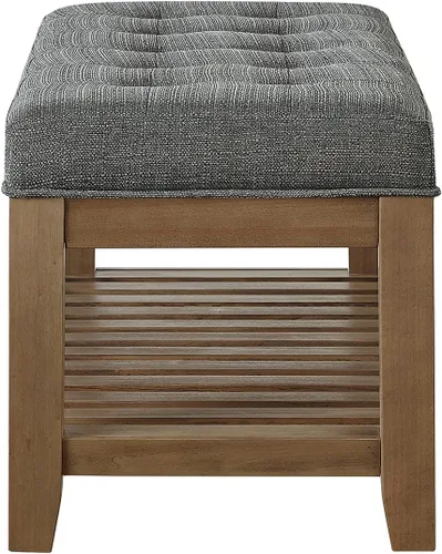Vista 6 de 24KF Banco Otomano Grande Rectangular Tapizado con Capitoné de Tela de Lino, Banco Acolchado con Estante de Madera Maciza - Granito