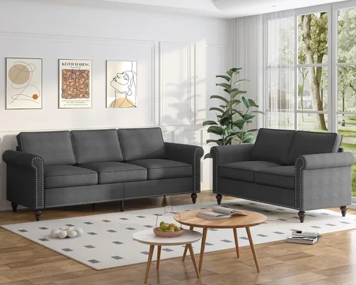 Vista 12 de Mjkone Juego de 2 Piezas para Sala de Estar, Sofás Seccionales, Juego de Sofá y Silla, Sofá Moderno de Lino con Marco de Madera y Patas