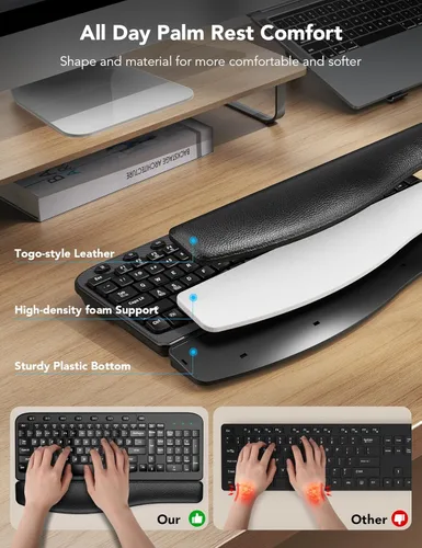 Vista 3 de Combo de teclado y mouse inalámbricos – Tecla de onda ergonómica, reposa muñecas de cuero suave incorporado, 2.4G de tamaño completo, 8 teclas
