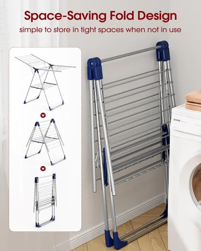 Vista 4 de Sakugi Tendedero de ropa con alas ajustables en altura, soporte plegable de metal para secadora de ropa y ropa de cama, plegable independiente