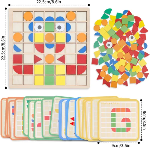 Vista 2 de Montessori Tangram Educativo, Juguetes de Rompecabezas de Formas Geométricas con 120 piezas de Bloques de Rompecabezas de Madera y 20 piezas