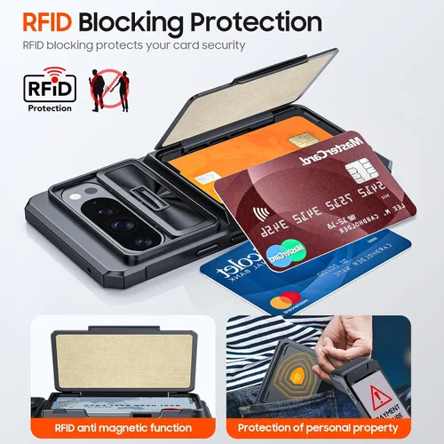 Vista 3 de CENMASO - Funda para Google Pixel 9 Pro XL con tarjetero (4 tarjetas), funda deslizante para cámara y función atril, bloqueo RFID, protección