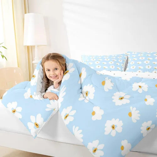 Vista 4 de Castle Fairy Daisy Florals Comforter Set Twin Size,Cartoon Wildflowers Breathable Bedding Set,Kids Adults Room Decor,Retro Country Style Microfiber