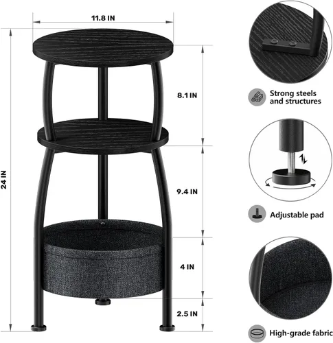 Vista 3 de Mesa auxiliar redonda pequeña para sala de estar con cesta de almacenamiento, mesa auxiliar pequeña que ahorra espacio, mesita de noche de 3