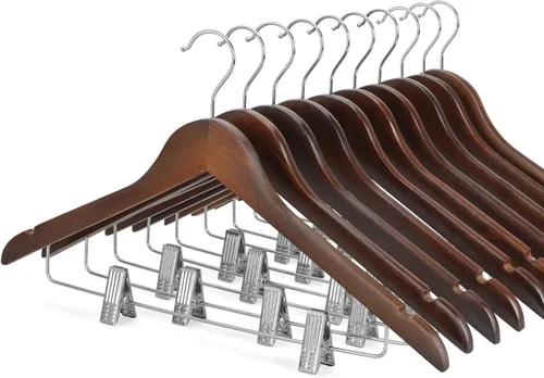 TOPIA HANGER Perchas de madera para trajes con clips de metal ajustables (paquete de 10), perchas de ropa de madera maciza, gancho giratorio de