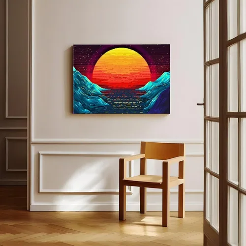 Vista 8 de Original Retro Wave at Sunset Painting Art on Canvas, Magical Sun Printing Canvas Sets, Pixeles Graphics Canvas Wall Art Print Poster For Home