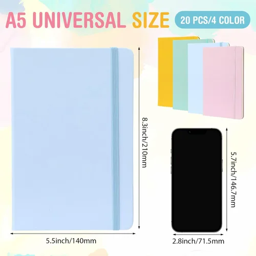 Vista 2 de Honoson 20 Pack Lined Journal Notebooks A5 Hardcover Executive Notebook 5.5" x 8.3" PU Leather Wide Ruled Journals Bulk with Elastic Band for Home