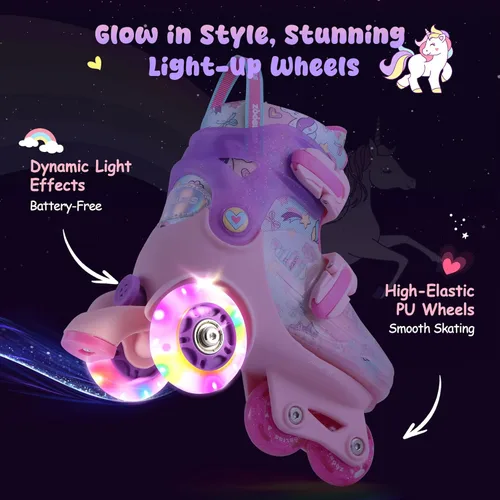 Vista 3 de Patines para niños (unicornio arcoíris, S) + juego de equipo de protección rosa con bolsa de cordón (S)