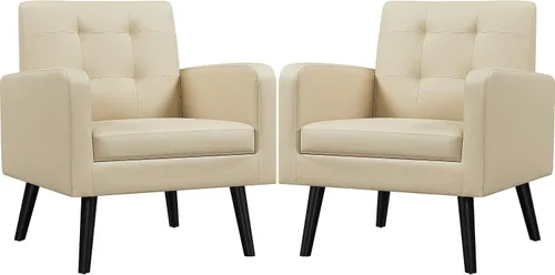 Vista 13 de Yaheetech - Sillas de acento de mediados de siglo, silla moderna tapizada de piel sintética para sala de estar, sillón acogedor con respaldo