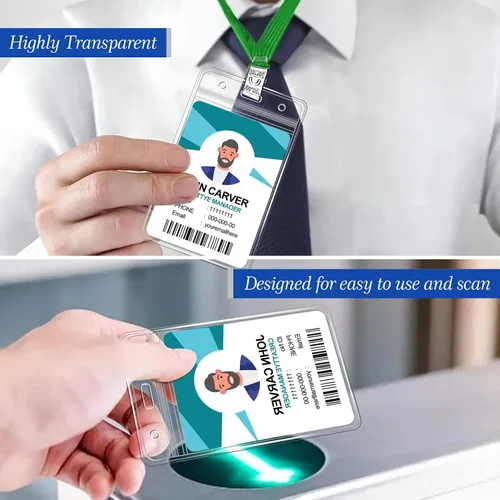 Vista 4 de 100 tarjetas de identificación verticales transparentes y 100 cordones, cordones reutilizables para soporte para tarjetas de identificación, soporte