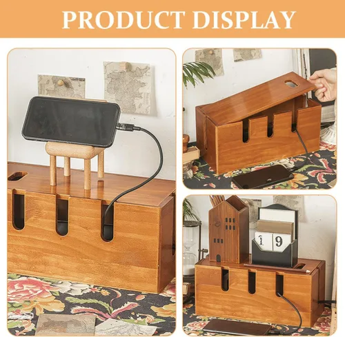 Vista 5 de TEHAUX Rustic Solid Wood Cable Organizer Container Power Strip Cord Management Case for Desk Router Storage for Office and Home Use