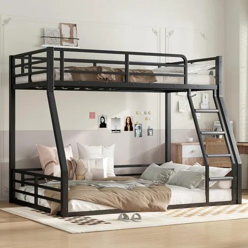 Vista 13 de Harper & Bright Designs Litera baja con escaleras, literas bajas de tamaño individual XL sobre individual XL, litera de metal resistente